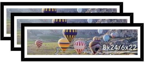 JCJMY 8x24 Picture Frame Set of 3 with 6x22 Mat, Panoramic Picture Frame Display Photo 6x22 with Mat or 8 x 24 Without Mat, Wall Hanging Large 8 by 24 Poster Frame with Plexiglass, 3 Pack, Black