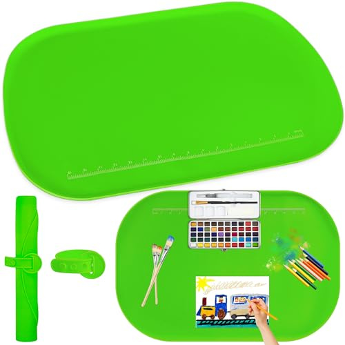 Silicone Art Mat for Crafts, 24 x 16 Painting Mat for Kids with Raised Sides to Stay Tidy, Paint Craft Mats for Clay, Jewelry-Making & Crafts Creation (Green)