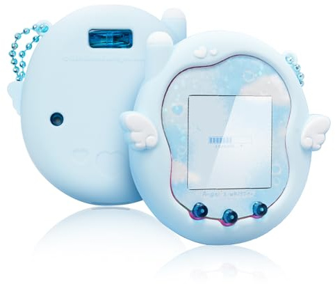Kuitmor Süßes Engel-Flüstern Silikonhülle für Tamagotchi Uni, Ganzkörperschutz-Hülle mit Deko-Stickern und Acryl-Anhänger – Blau