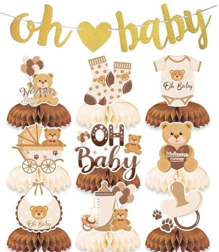 Lot de 10 oursons décoratifs pour fête prénatale - Oh Baby Shower - Avec nid d'abeille - Pour révélation de genre et de baptême - Pour garçons et filles - Accessoires de fête - Marron neutre - Beige