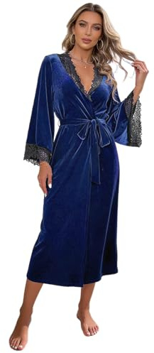 Jamron Femme Élégant Robe de Chambre en Velours Dentelle Peignoir Kimono