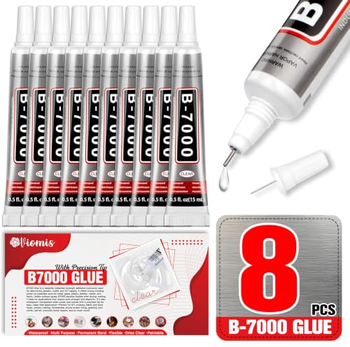 Viomis B7000 Glue Clear, 8 x 15ml Rhinestone Glue for Bedazzling Kit | Strong bonding, Clear Waterproof, Metal Fine Nozzle, Anti-dry Needle Cap, For Jewelry , Nail Art, DIY, Fabric & Shoes