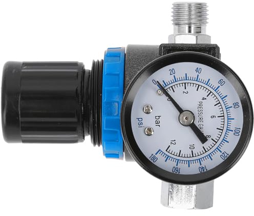 Högert Technik tryckregulator med manometer 1/4 tum för lackeringsspiler, tryckluftsverktyg, kompressortillbehör, justerbar lufttrycksregulator upp till 12 BAR 174 PSI