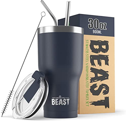 Beast Thermobecher 900 ml - Navy blau I Mehrweg Thermo Kaffeebecher To Go mit 2 Strohhalmen & Reinigungsbürste I Doppelwandiger Trinkbecher aus Edelstahl I Perfekt für Kaffee oder Eiskaffee I BPA-frei