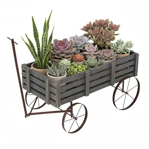 Shine Company Decorative Buckboard Wagon Garden Planter, Wooden Wagon Yard Décor for Outdoor Plants, Gray