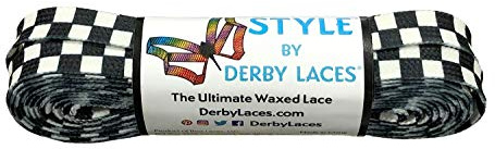 Derby Laces Style Wide 10mm Waxed Lace for Roller Skates, Hockey Skates, Boots, and Regular Shoes (Checkered Black and White, 96 Inch/244 cm)