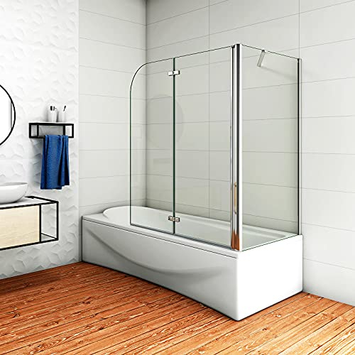 Aica Sanitär Badewannenaufsatz Eck Duschwand Badewanne 2-tlg.Faltwand mit Seitewand 6mm Nano Glas H140cm