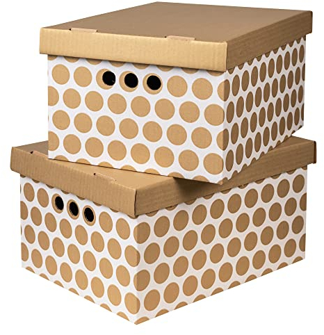 Cardboard Storage Boxes with Lid, Decorative Wardrobe, Closet, Home & Office Organiser with Handle, Flat-Packed, Stackable File Box, Gift for Adults & Kids, Set of 2, Large - Gold Dots on White