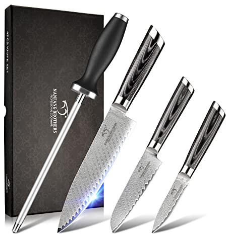 NANFANG BROTHERS Damaskus Messer Set, Japanisches Messer Set, Chefs Messer Sets Professional, 4-teiliges Küchenmesser Set, 8 Küchenmesser, 5 Santoku Messer,3.5 Paring Messer und Schärfer