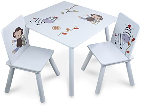 Teorema 40646 - Tavolino con 2 Sedie per bambini, in Legno, Dimensione: 59x59x45cm, Sedie Max. 25kg, con disegni di animali.