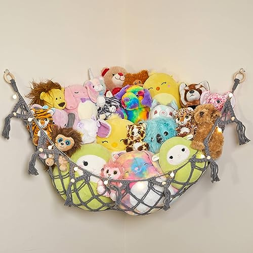 Lilly's Love Macrame Teddy Hammock w/Lights | Toy Hammock for Stuffed Animals | Soft Toy Storage | Cute Room, Bedroom & Home Decor | Large (Grey)
