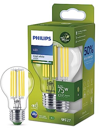 Philips LED Classic ultraeffiziente E27 Lampe mit Energieeffizienzklasse A, ersetzt 75W, klar, kaltweiß