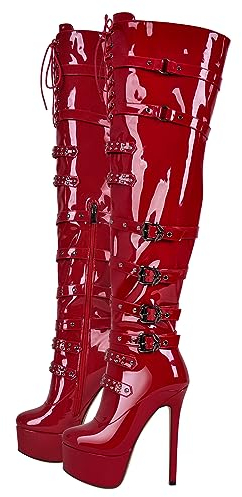 blingqueen Damen Plateau Stiefel Overknee Boots Stilettos High Heels Metallic Rot 45 EU