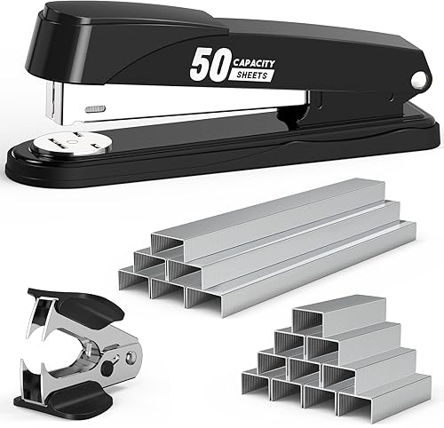 Metal Stapler Heavy Duty 50 Sheet Capacity with 1750 Staples and Staple Remover, Full Strip Staplers for Desk, No Jam, Non-Slip for Office & Classroom, Black