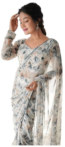 Sidhidata Women's Georgette Printed Ready To Wear one Minute Saree With Unstitched Blouse Piece (RTW Black Leaf_Black_Free Size)