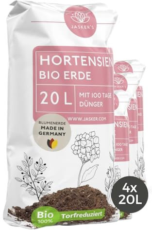 Bio Hortensienerde 80 L (4x20L) - Blumenerde für Hortensien aus 40% weniger Torf - Pflanzerde für weiße & rosafarbige Hortensien - Erde für Hortensien mit Dünger - Erde für Pflanzen