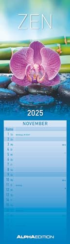 Alpha Edition - Streifenplaner Mini Zen 2025 Streifenkalender, 9,5x33cm, Küchenkalender mit einer großen Spalte für Termine, viel Platz für Notizmöglichkeiten, Mondphasen und deutschem Kalendarium