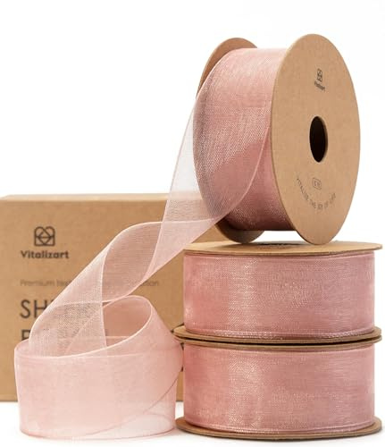 Vitalizart Roséguld organza-band 3 x 30 år (3 rullar x 10 år), rent tyg för hantverk, rosa presentband för alla hjärtans dag, presentförpackning, julgran, dekoration, rosetter, bröllopsinbjudningar