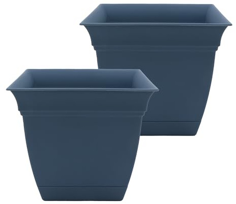 The HC Companies Vaso quadrato Eclipse da 25,4 cm, con sottovaso, per interni ed esterni, per fiori, verdure, erbe, blu ardesia (confezione da 2)