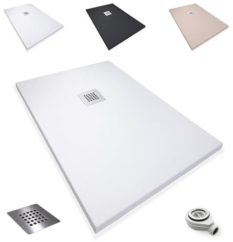 Plato de Ducha Antideslizante 80x120cm - Resina Resistente a Agentes Químicos - Antibacteriano - Incluye Rejilla Desagüe Ducha y Válvula Sifón Plato Ducha - Color Blanco