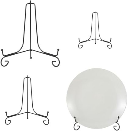 COMNICO 3 Pcs 3 Size Foldable Black Iron Plate Stands for Displaying 4 6 8 Inches Decorative Metal Plate Holders Mini Book Easel Picture Frame Card Plaque Tabletop Art Bowl Photo Stands