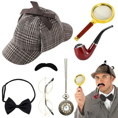 PLLYPE Detektiv Kostüm Zubehör Set, 7 Stück Sherlock Holmes Kostüm Accessoires mit Detektivhut Metallbrille Lupe Herrenfliege Bart, Detektiv Cosplay Requisiten für Kinder Erwachsenen Karneval Cosplay