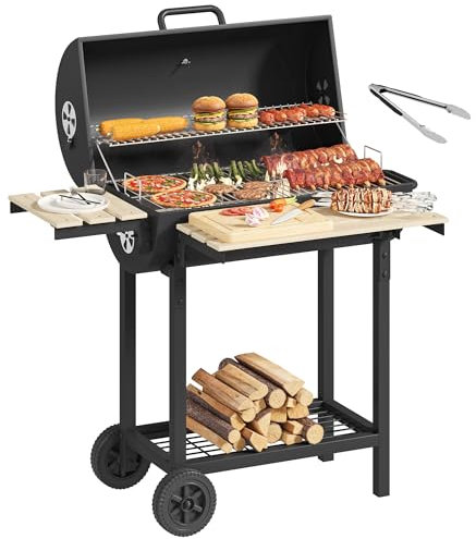YITAHOME Grand barbecue au charbon de bois avec boîte de fumoir réglable et contrôle de la chaleur – Barbecue portable pour jardin, réunions de famille, hayon (pinces en acier inoxydable incluses)