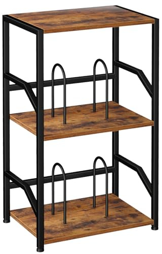 LOAKEKEL Record Player Stand, Vinyl Record Storage Up to 200 Albums, 3 Tier End Table with Removable Dividers, Tall Side Table for Living Room, Bedroom, Rustic Brown, HETCD010BR-1