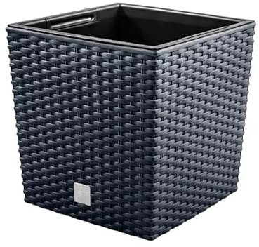 Square Rattan-Effect Planter with Removable Insert, Decorative Garden Pot, Black, 20cm x 20cm