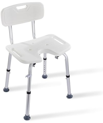 Modundry Silla Ducha Personas Mayores con Respaldo, Taburete Baño Asiento en U Antideslizante Altura Regulable Carga 150 kg Asiento de Baño para Ancianos y Discapacitados, Aluminio, Blanco
