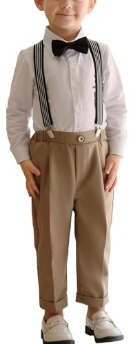 Yimutian Set di Abbigliamento per Bambino Ragazzi Camicia + Pantaloni con Bretelle + Papillon 4 Pezzi Abiti da Cerimonia Smoking Completi da Sposa da Bambini caffè A 9-10 Anni