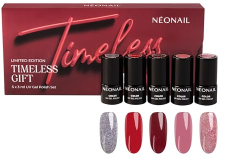 NÉONAIL UV Nagellack Set - Gel Nägel Set TIMELESS GIFT – NÉONAIL Farben - UV Lack - Gel Nägel - Nageldesign - klassische und glitzernde Lacke in Rosa-, Rot- und Silbertönen – 5 x 3 ml