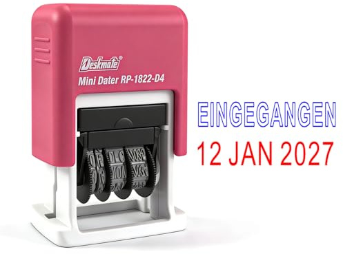 Timbro datario con testo standard ENTRATO e data, doppio colore timbro per cancelleria, durata del nastro 12 anni (2026-2037), altezza del carattere 4,8 mm, cuscino da 4 mm, ingresso rosso/blu