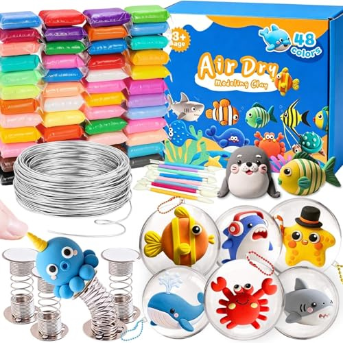 Air Dry Clay set, 48 färger modelleringsmassa lufttorkning med 8 lertillbehör, 4 tryckfjädrar, 5 m pysseltråd, 6 plastkulor för fyllning, kulkedjor och tutorialer, skumler-set, knådning lufttorkande