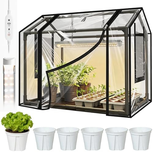 Kit de Plantación, Mini Invernadero con Seis Macetas Pequeñas y Lámpara para Plantas Invernadero de Jardín de PVC de 60 x 40 x 50 cm Cubierta Aislante Transparente para Plantas para Jardín y Balcón