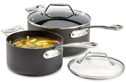 All-Clad Essentials Hard Anodized Nonstick Sauce Pan Set 4 Piece, 2.5, 4 Quart Oven Broiler Safe 500F Pots and Pans, Cookware Black