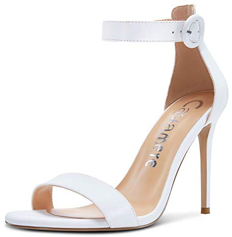 Castamere Escarpins Femme Bout Ouvert Sandales Bride Cheville Aiguille Talon 10CM Blanc Satin Chaussures EU 36