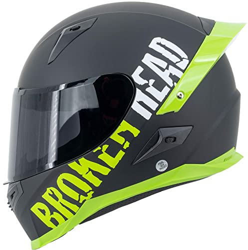Broken Head BeProud Pro Motorradhelm Grün Mit Spoiler - Integral-Helm Mit Klarem + Schwarzem Visier - Gr. L (59-60 cm)