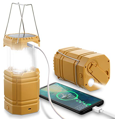 LED Campinglampe Solar, Wasserdicht LED Camping Laterne, Notfallleuchte mit Handkurbel, Eingebaute 3000mAh Akku für Wandern, Angeln, SOS, Ausfälle (Gelb)