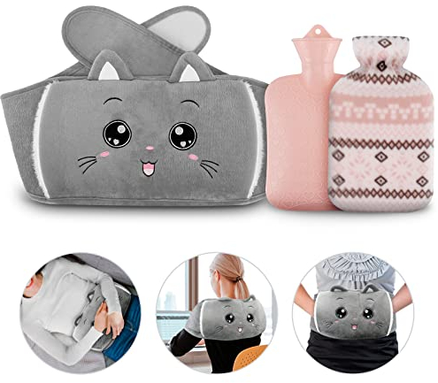 NAJILI Wärmflasche, 1L Wärmflasche gummi mit Bezug und Taillen-Bezug, 3 Stück Wärmflaschengürtel Set für Nacken, Schulter, Rücken, Füße, Taillenwärmung für kinder Erwachsene, Grau