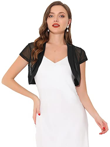 Allegra K Women's Satin Shrug Bolero Cap Sleeve Crop Cardigan Black