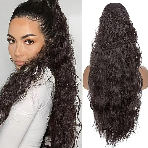 TESS Coleta Postiza Larga 80 cm, Rizado Coleta Extensión con Cordón Corn Wave Ponytail Extensions para Mujeres Marron Oscuro