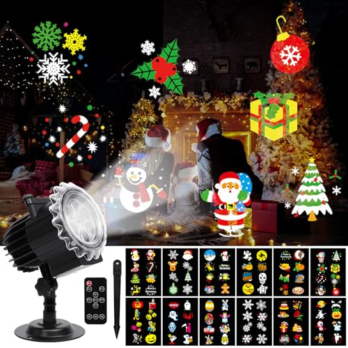 ROVLAK Proiettore Natale Halloween Esterno, Proiettore Luci Natale con 12 HD Diapositive e Telecomando, Proiettore Fiocchi Neve Impermeabile IP65 per Ringraziamento Pasqua Compleanno