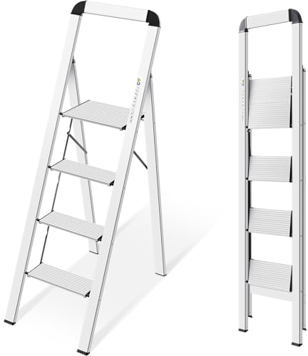KINGRACK Escalera de Tijera 4 peldaños Plegable de Aluminio, Escalera Doméstica Estrecha con Pasamanos, Mecanismo Antiplegado, Uso Hogar Cocina Despensa Oficina, Ahorro de Espacio y Portátil, Plata