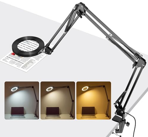 Jubor Lampada con Lente d'Ingrandimento, 10X 15X Lente d'ingrandimento con Luce e Supporto con 3 Braccio Orientabile, Lampada da Tavolo con 72 LED Dimmerabili per Lettura, Riparazione, Lavoro Manuale