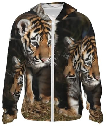 Siberian Tiger Cubs Sun Protection Hoodie Jacket Full Zip UPF 50+ Long Sleeve Sun Shirt with Pocket Outdoor, Black, XL