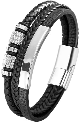 Mochity Läderarmband, 21 cm brunt svart blått herrarmband, herrstålarmband, flätat pärlarmband, herrsmycken, pärlläderarmband för pappa och herr, Moyenne, Läder, Rostfritt stål