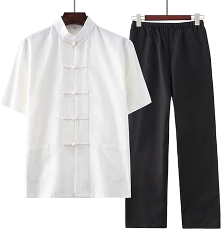 GZKDKZB Tuta da Kung Fu in Cotone Tinta Unita, Nuova Camicia in Stile Cinese; Pantaloni, Set di Abbigliamento Tai Chi, Adatti per Uomo M-4XL 23.5.4 (Colore: Bianco Nero, Taglia: XL)