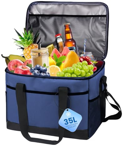 L.StarryIsland Sac Isotherme Glaciere, 35L Glaciere Souple Isotherme avec Bandoulière Réglable, Imperméable Sac Repas Isotherme Capacité de 60 Canettes pour Courses, Barbecue, Camping, Voyage(Bleu)