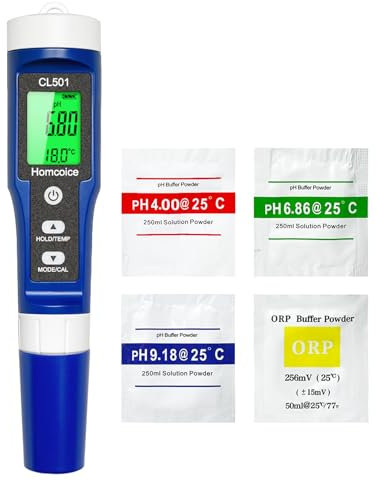 Homcoice Medidor pH Cloro Piscinas 5 en 1, pH Cloro ORP H₂ Temperatura Meter medición prápida y precisa, Tester Calidad Agua para agua potable, spa, acuario, hidroponía